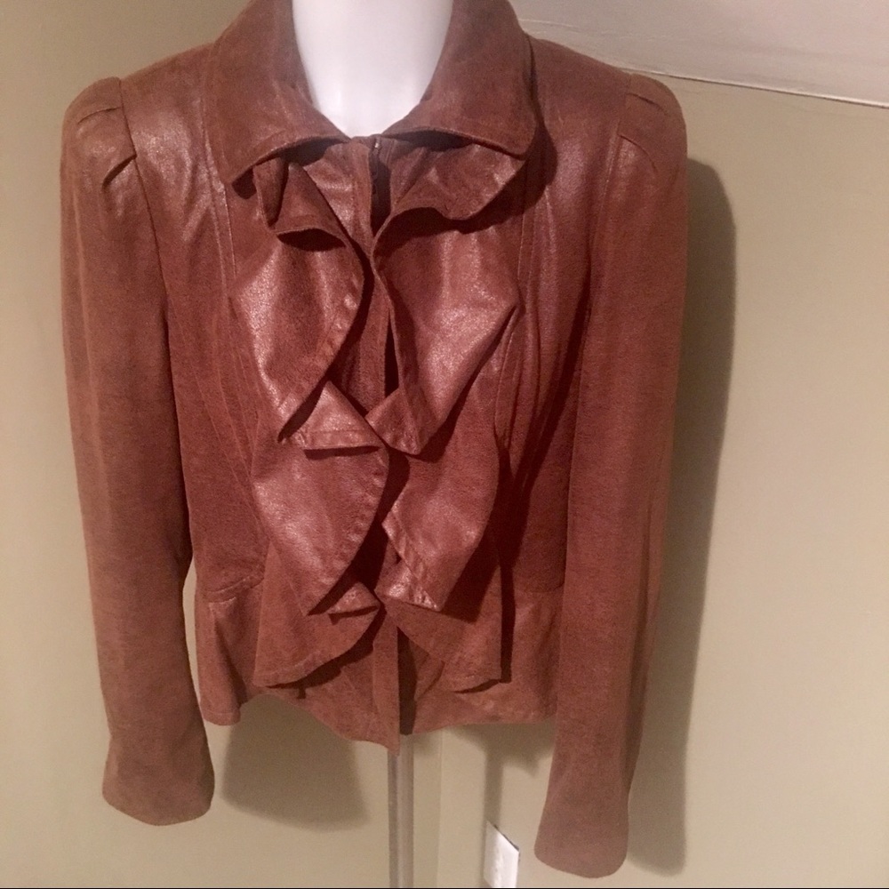 I.N.C Brown Ruffle Front Faux Leather Jacket SZ MP